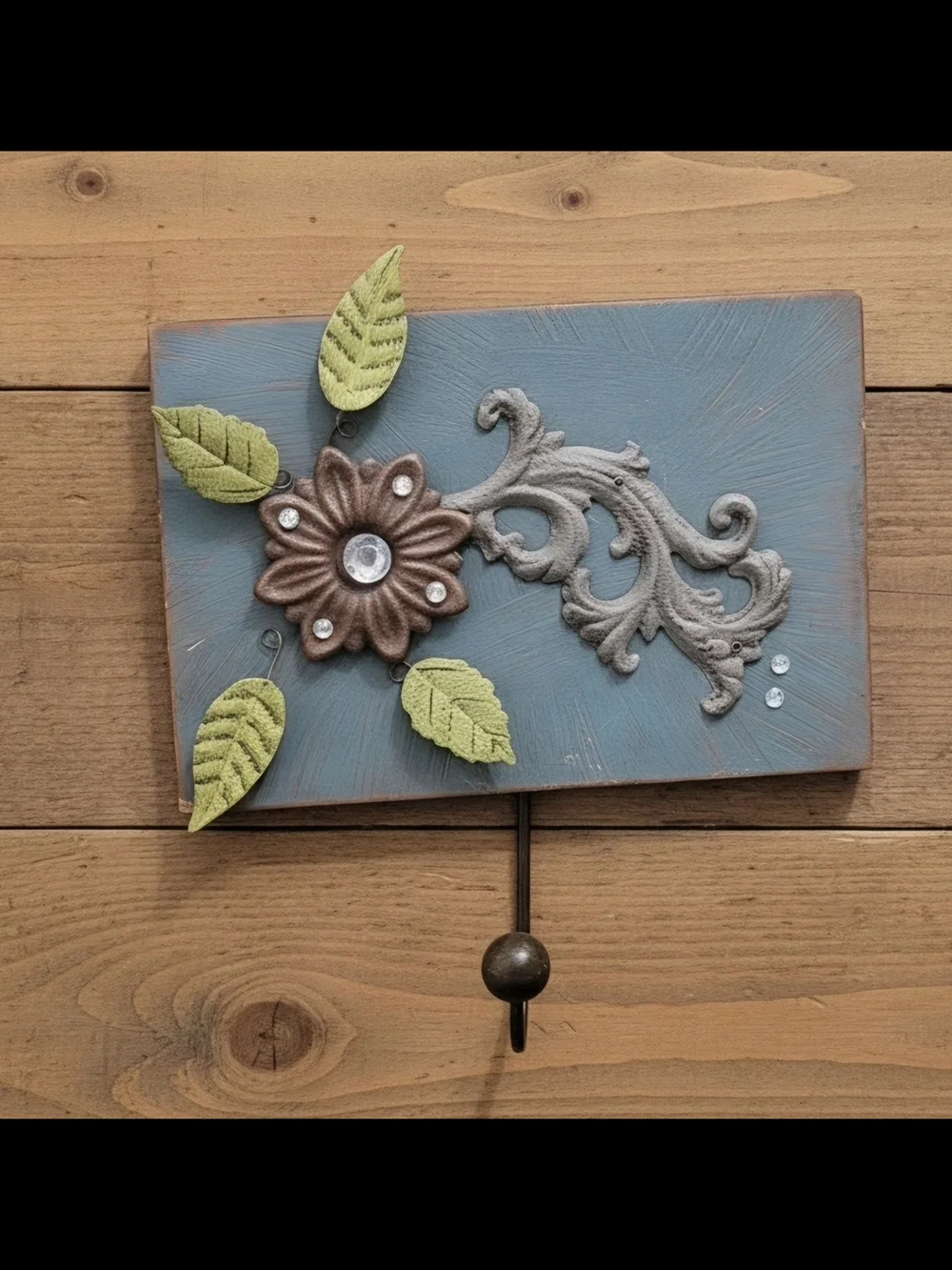 Vintage teal rustic coat hooks with movable flower petals